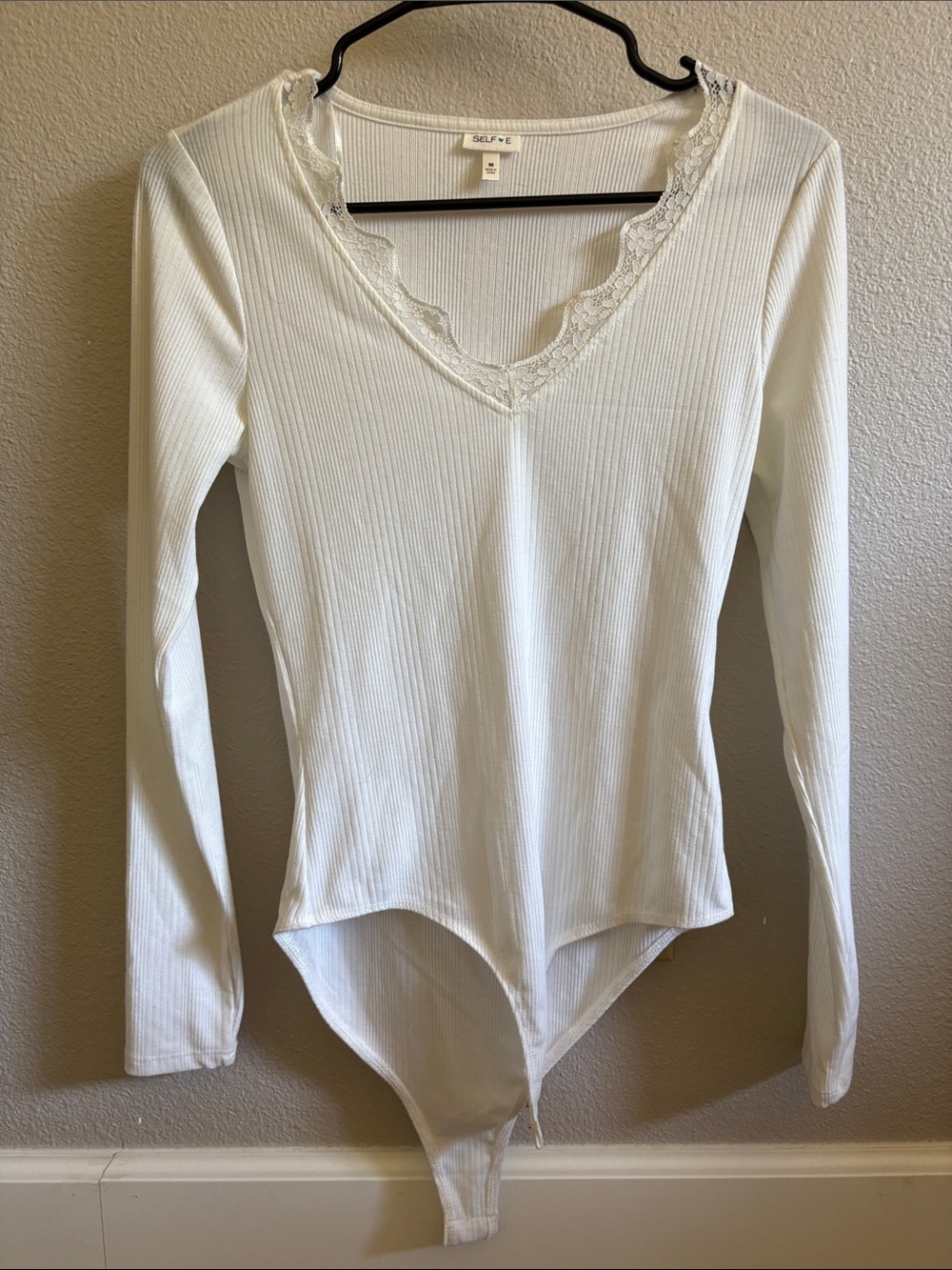 Selfie White Ribbed Lace-Trim V-Neck Long Sleeve Bodysuit